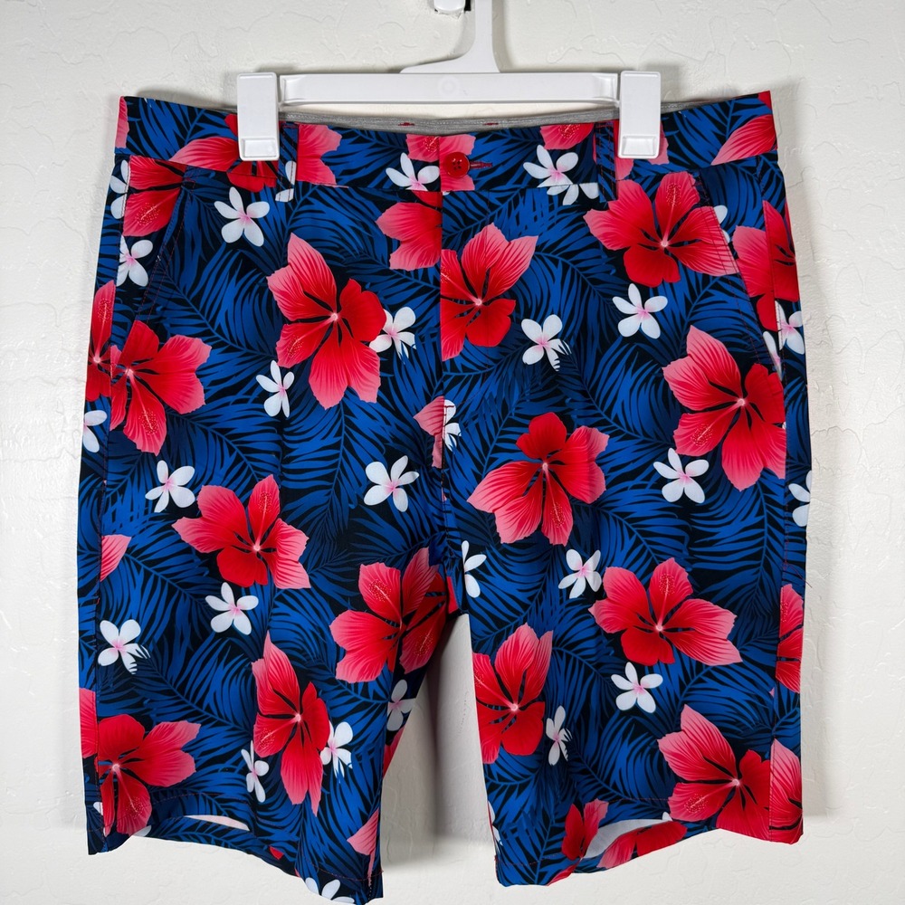 Hreski Golf Shorts Mens 36 Blue Red Floral Tropical Hibiscus Performance Casual